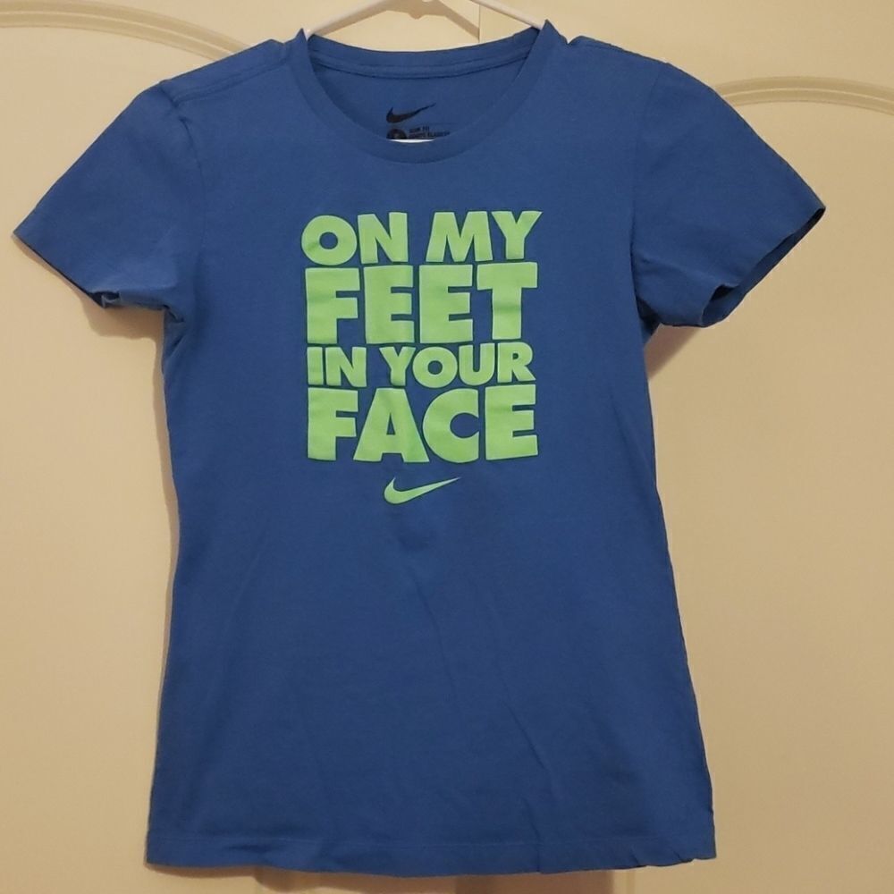 Nike Womens Slim Fit Graphic T-Shirt Blue Neon Green On My Feet In Your Face S